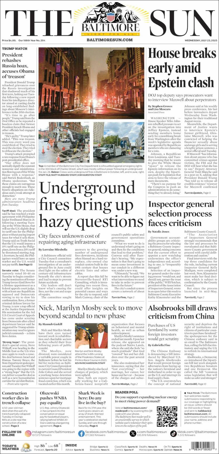 Portada de The Baltimore Sun (USA)