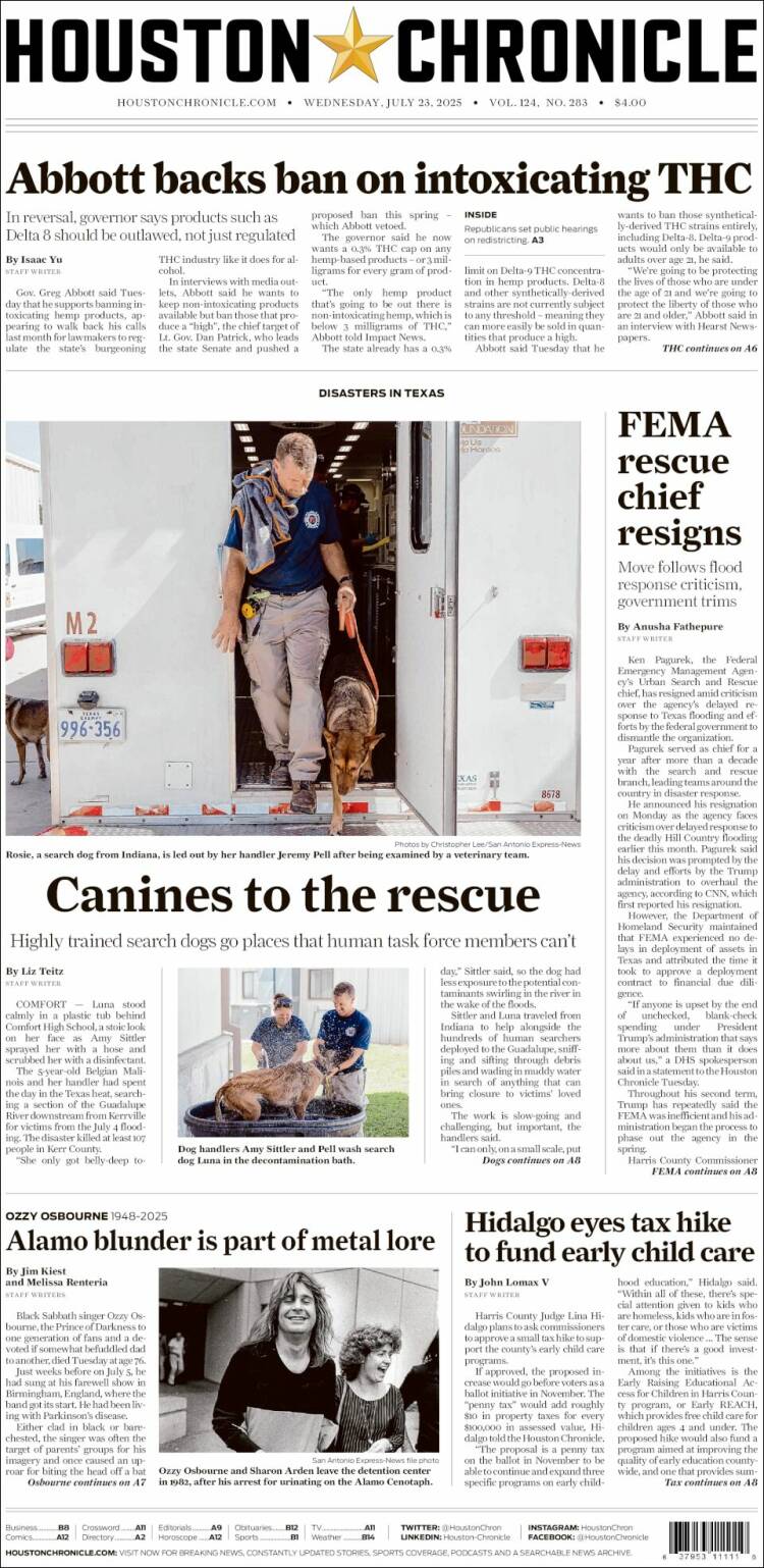 Portada de Houston Chronicle (USA)