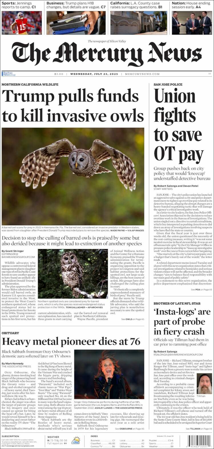 Portada de San Jose Mercury News (USA)
