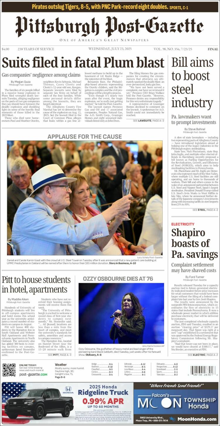 Portada de Pittsburgh Post-Gazette (USA)