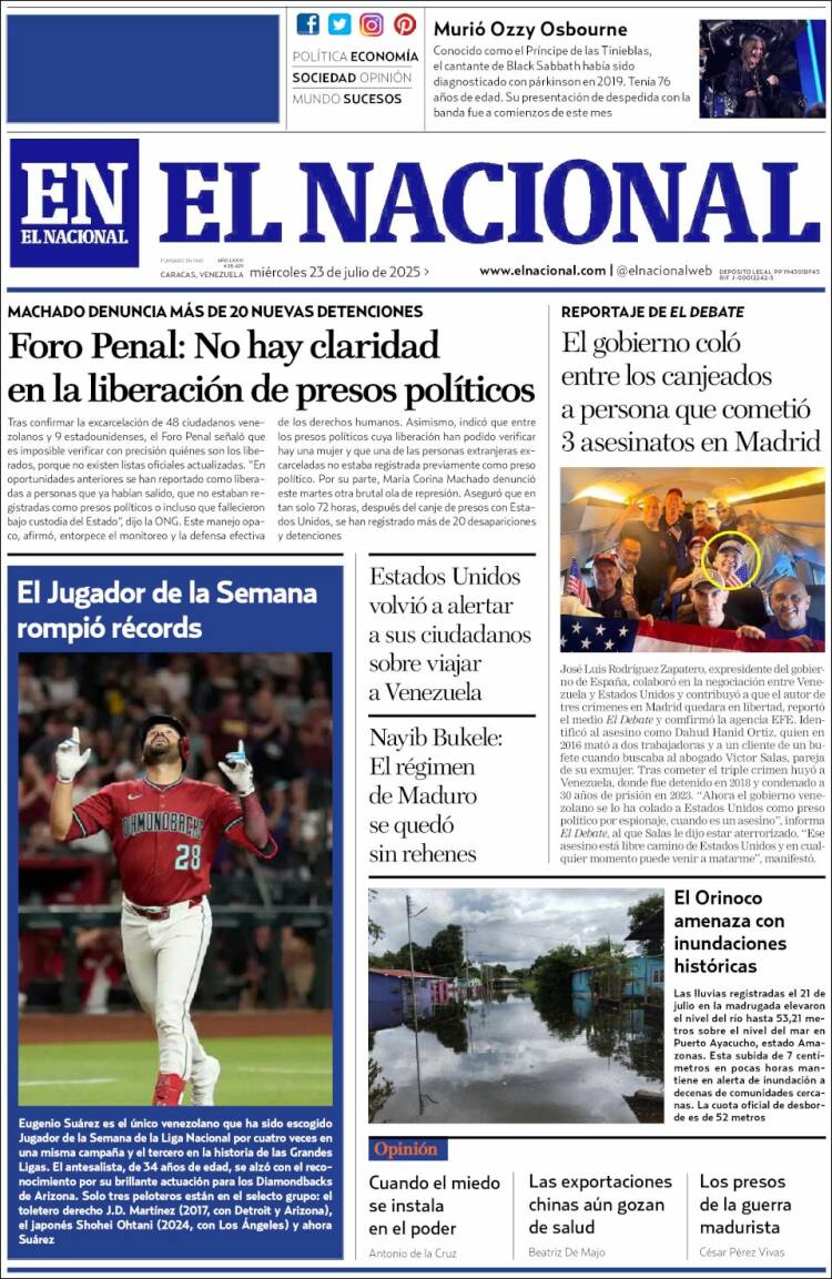 Portada de El Nacional (Venezuela)