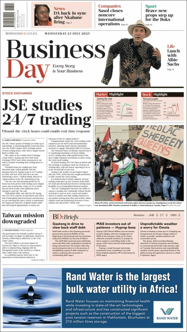 Portada de Business Day (Sudáfrica)