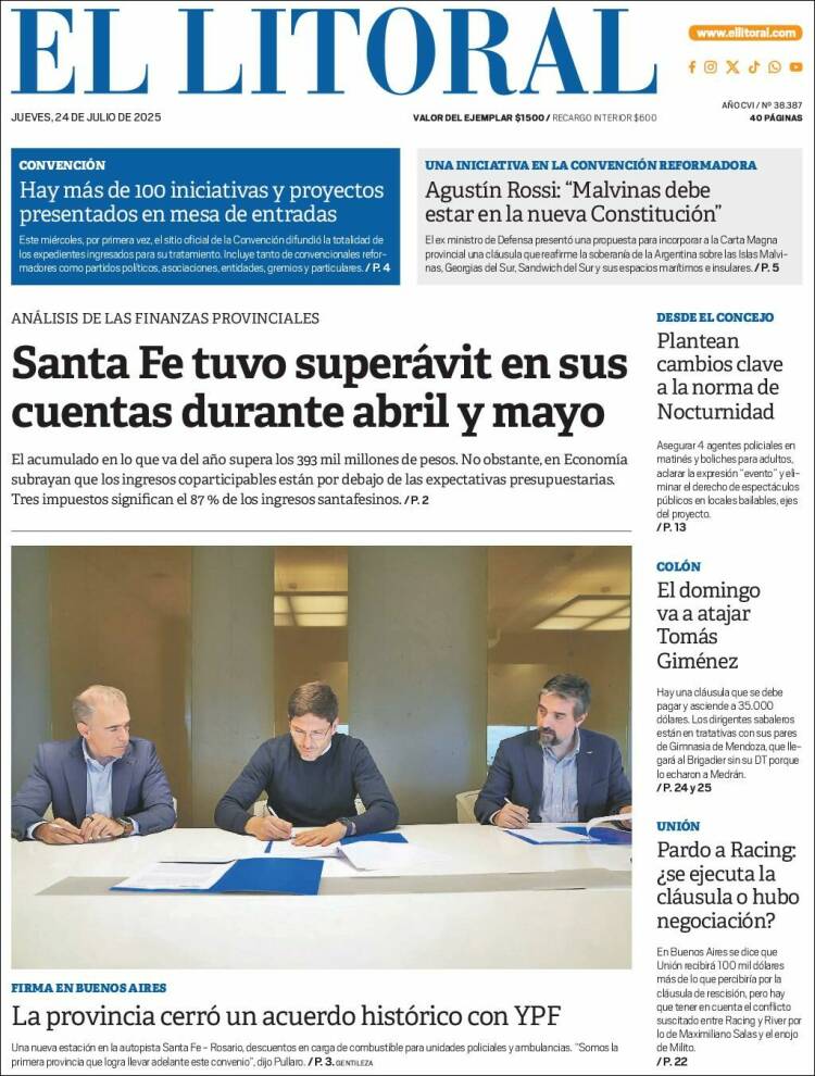 Portada de Diario El Litoral (Argentina)