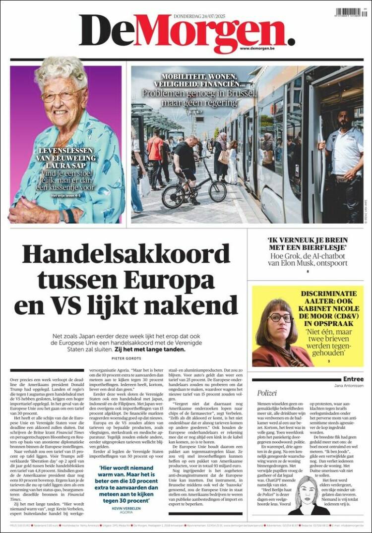 Portada de De Morgen (Bélgica)
