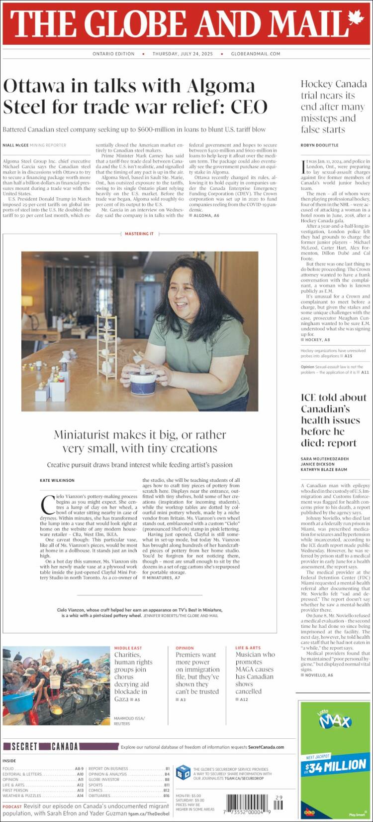 Portada de The Globe and Mail (Canadá)