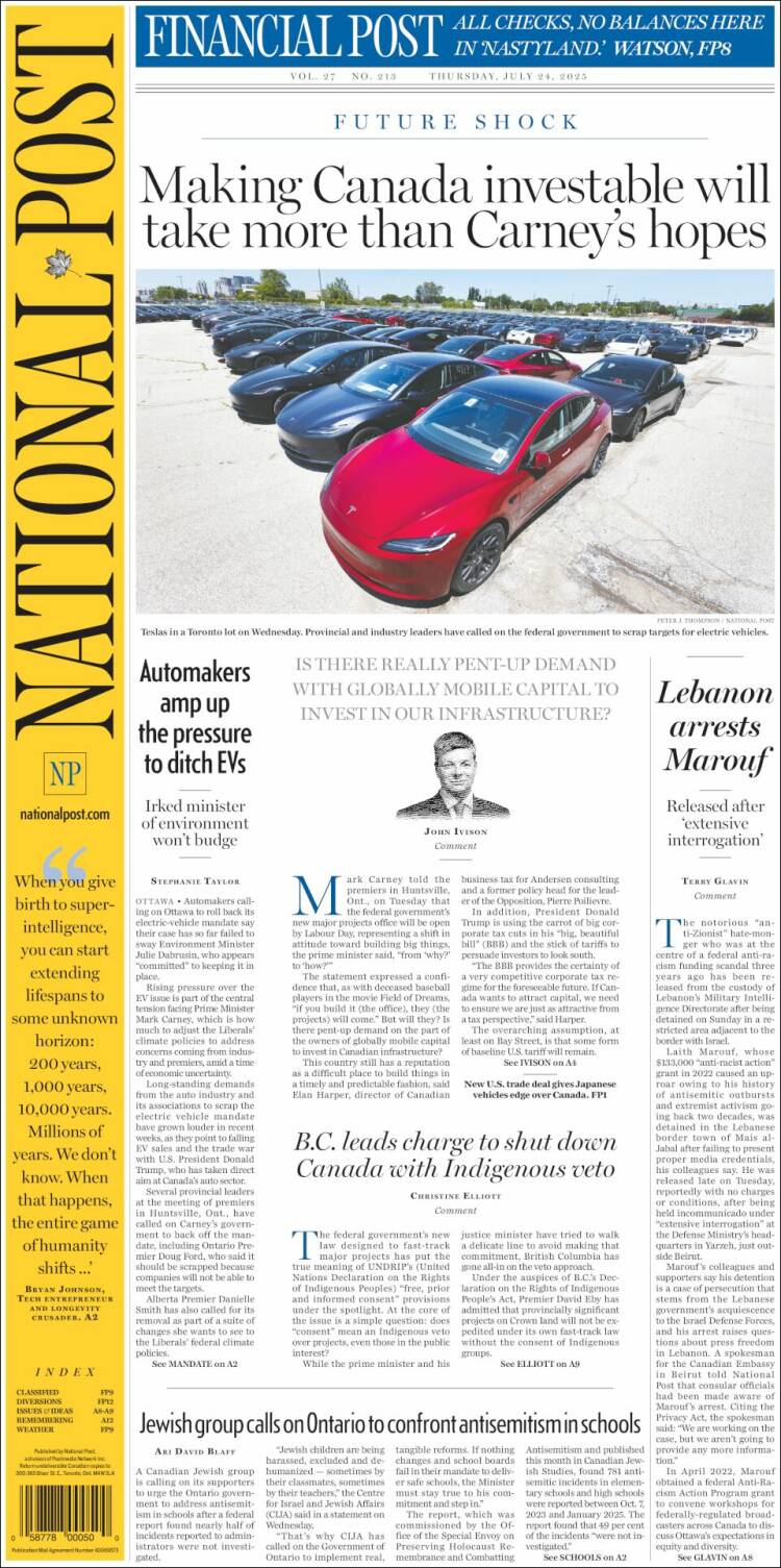 Portada de The National Post (Canadá)