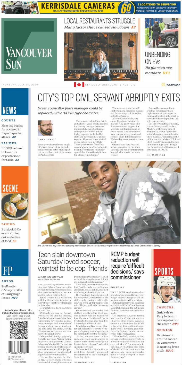 Portada de The Vancouver Sun (Canadá)