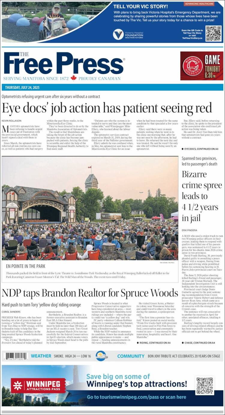 Portada de Winnipeg Free Press (Canadá)