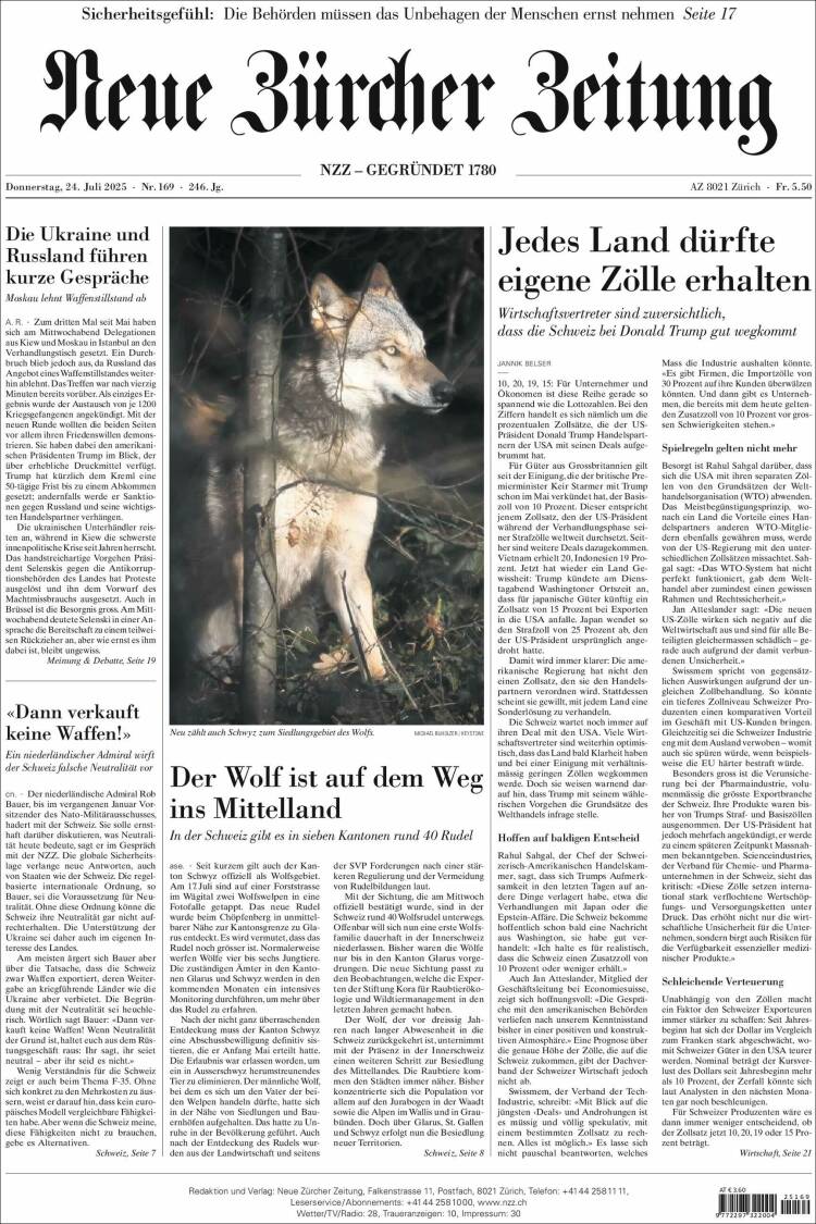 Portada de Neue Zürcher Zeitung (Suiza)