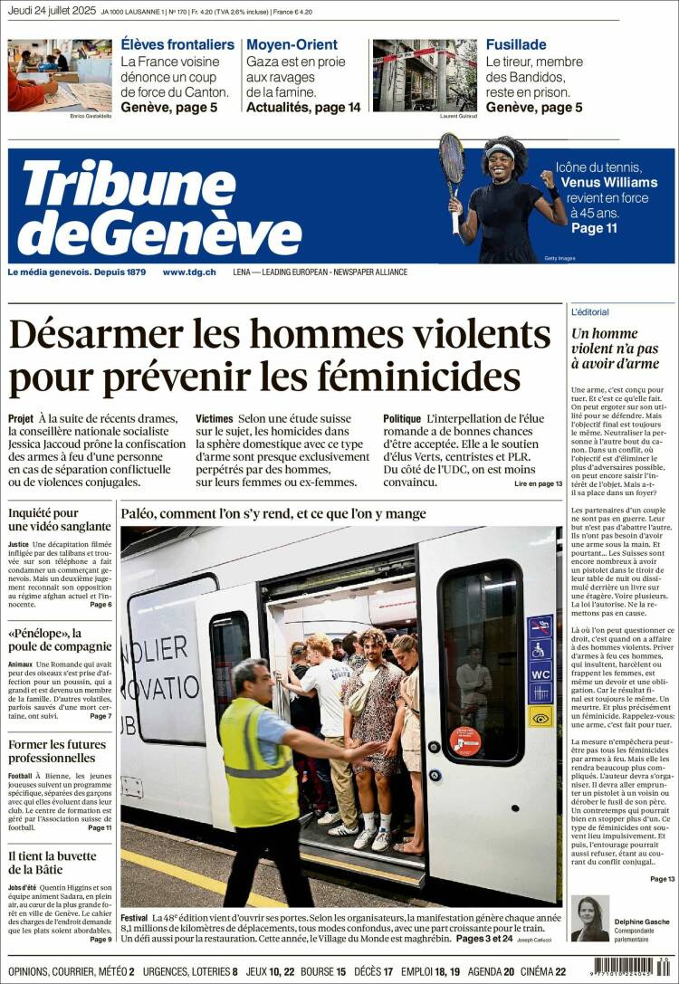 Portada de La Tribune de Genève (Suiza)