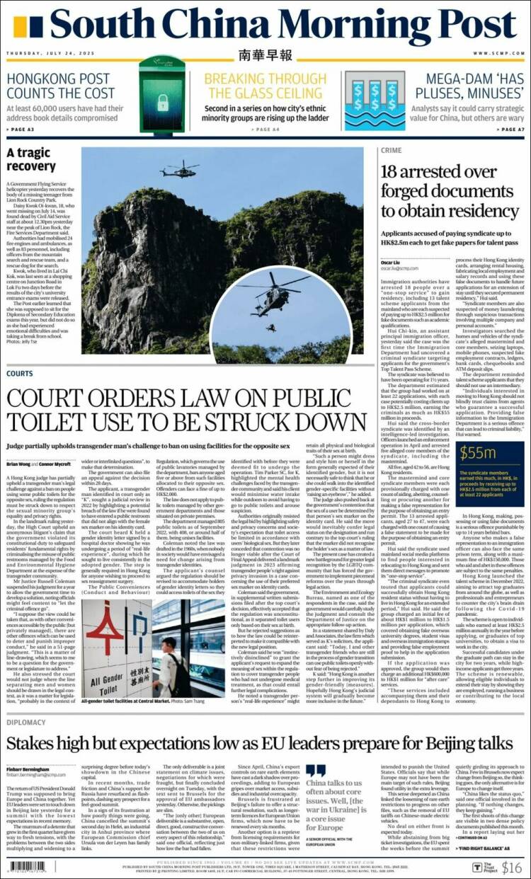 Portada de South China Morning Post (China)