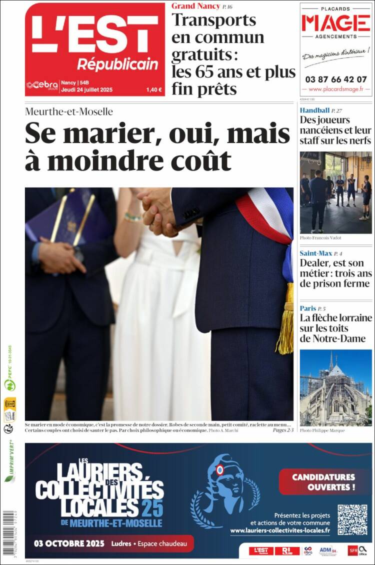 Portada de L'Est Republicain (France)