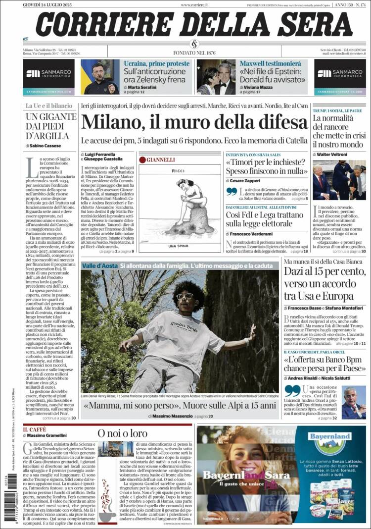 Portada de Corriere della Sera (Italia)