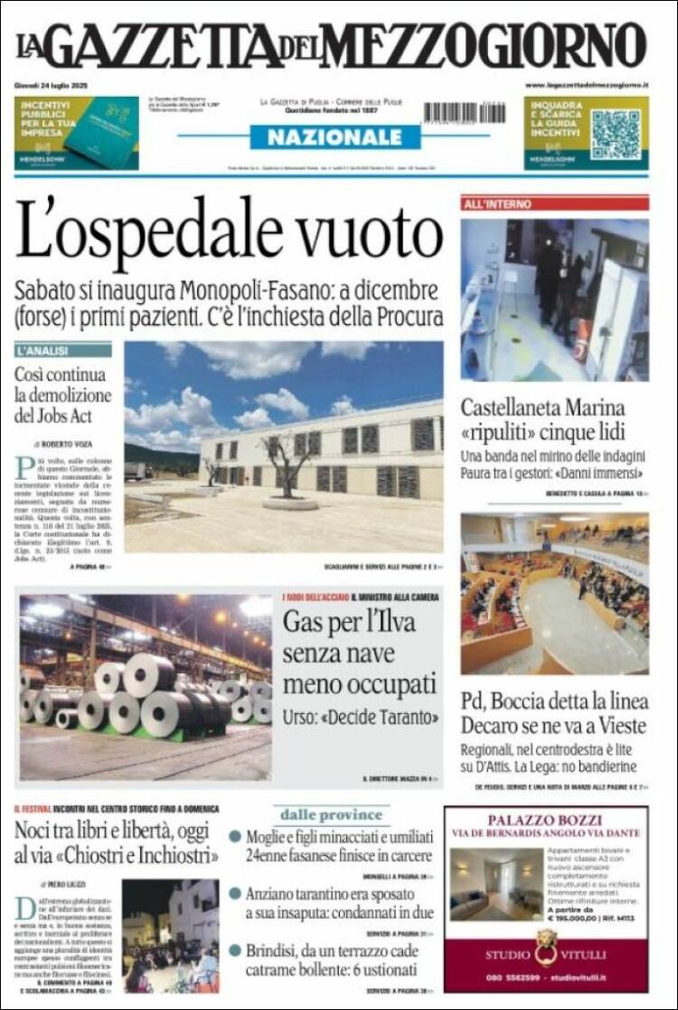 Portada de La Gazzetta del Mezzogiorno (Italia)