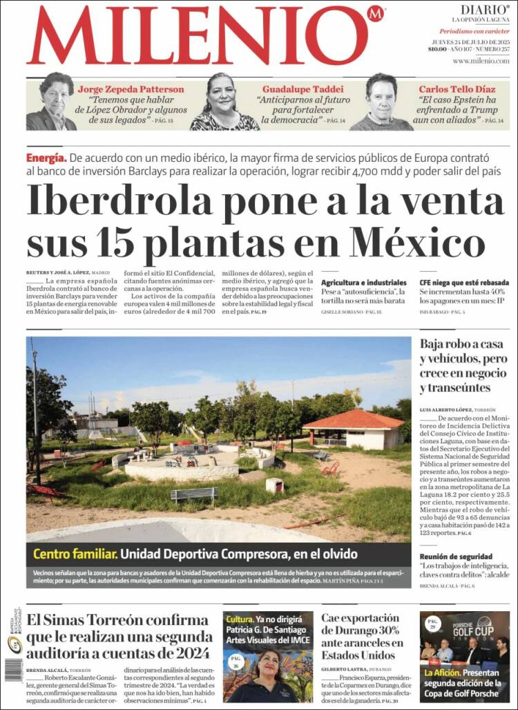 Portada de Milenio - Laguna (México)