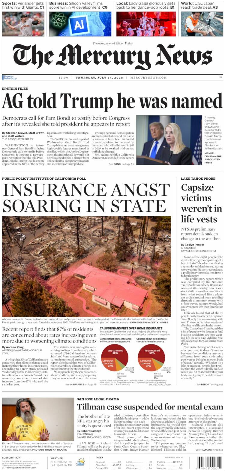 Portada de San Jose Mercury News (USA)