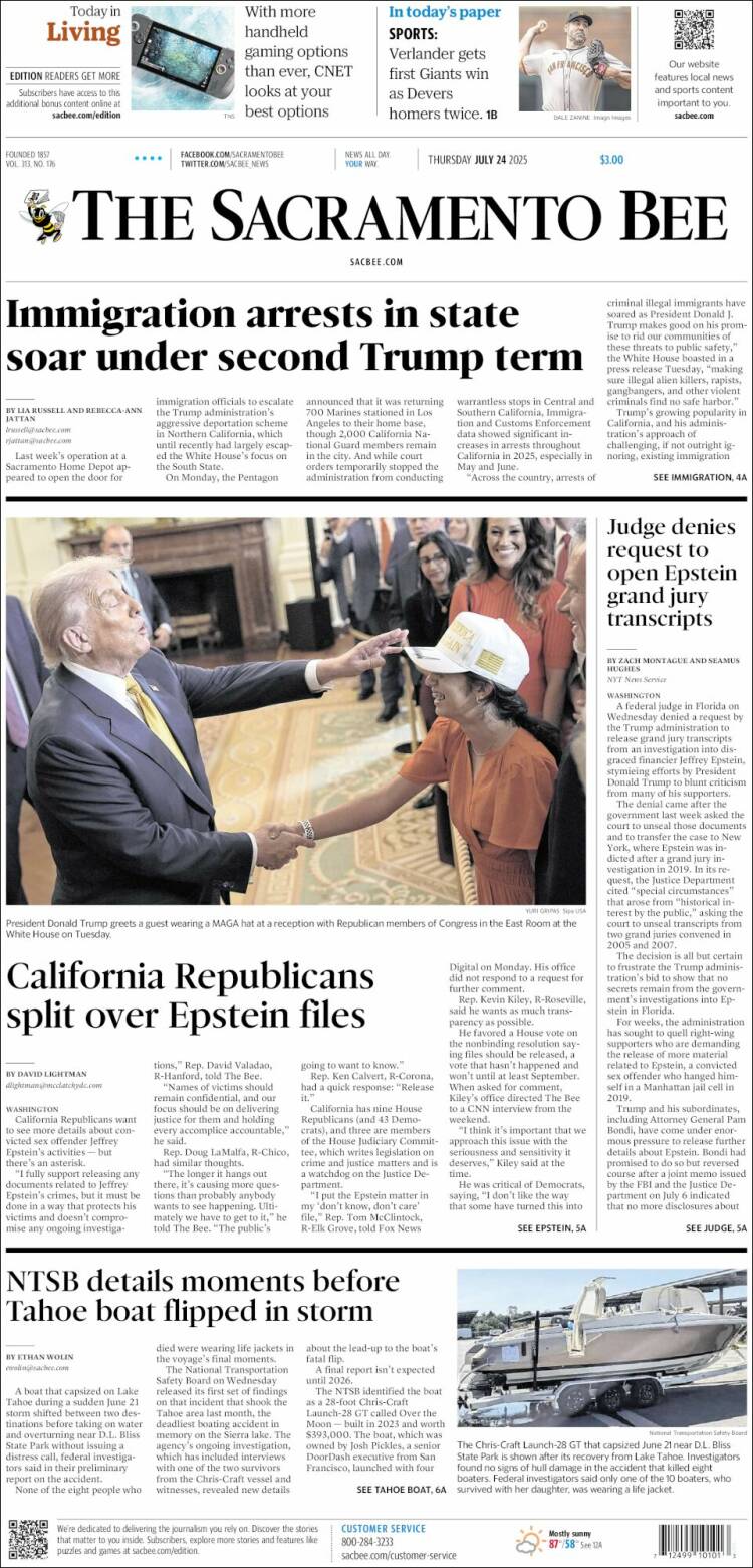 Portada de The Sacramento Bee (USA)