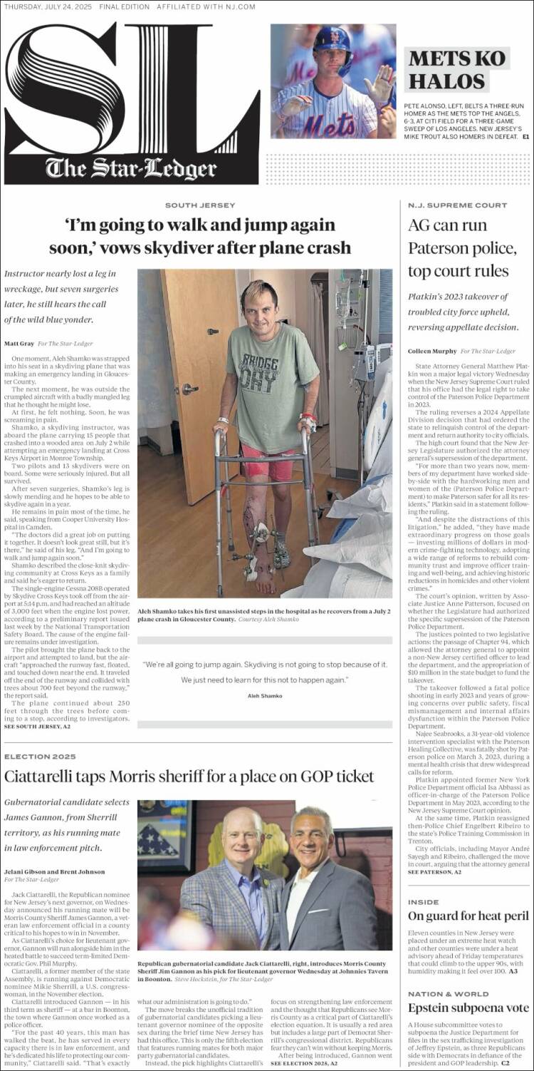 Portada de Star-Ledger (USA)
