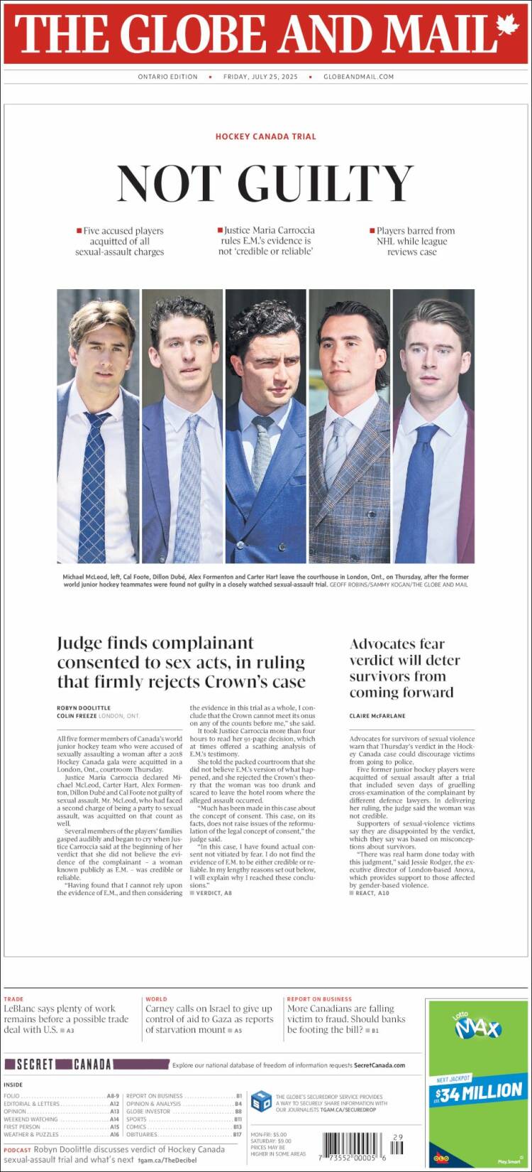Portada de The Globe and Mail (Canadá)