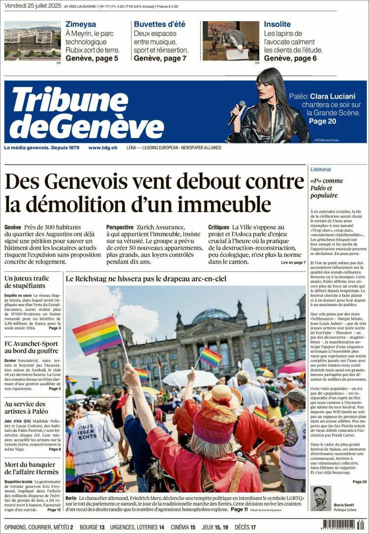 Portada de La Tribune de Genève (Suiza)