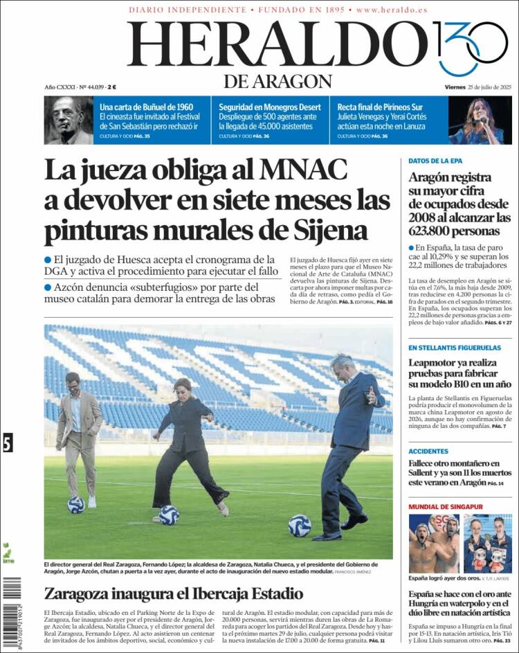 Portada de Heraldo de Aragón (España)