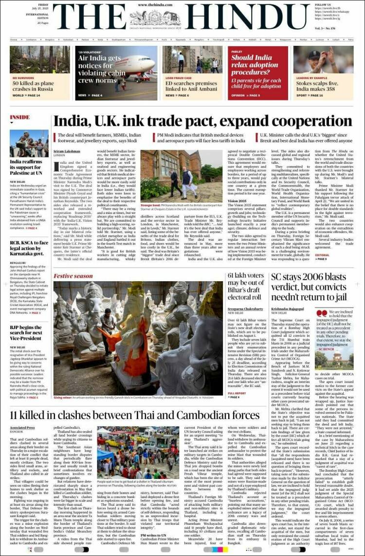 Portada de The Hindu (India)