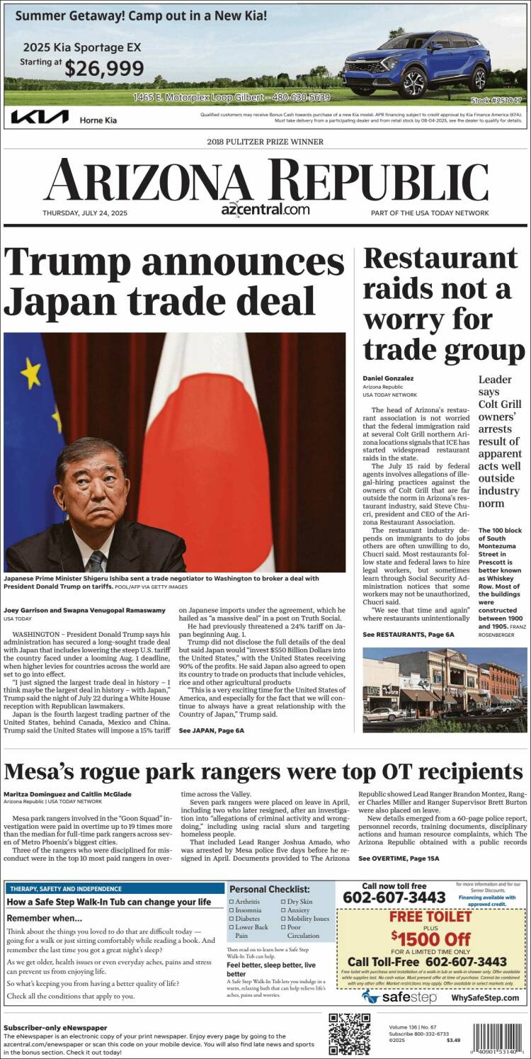 Portada de Arizona Republic News (USA)
