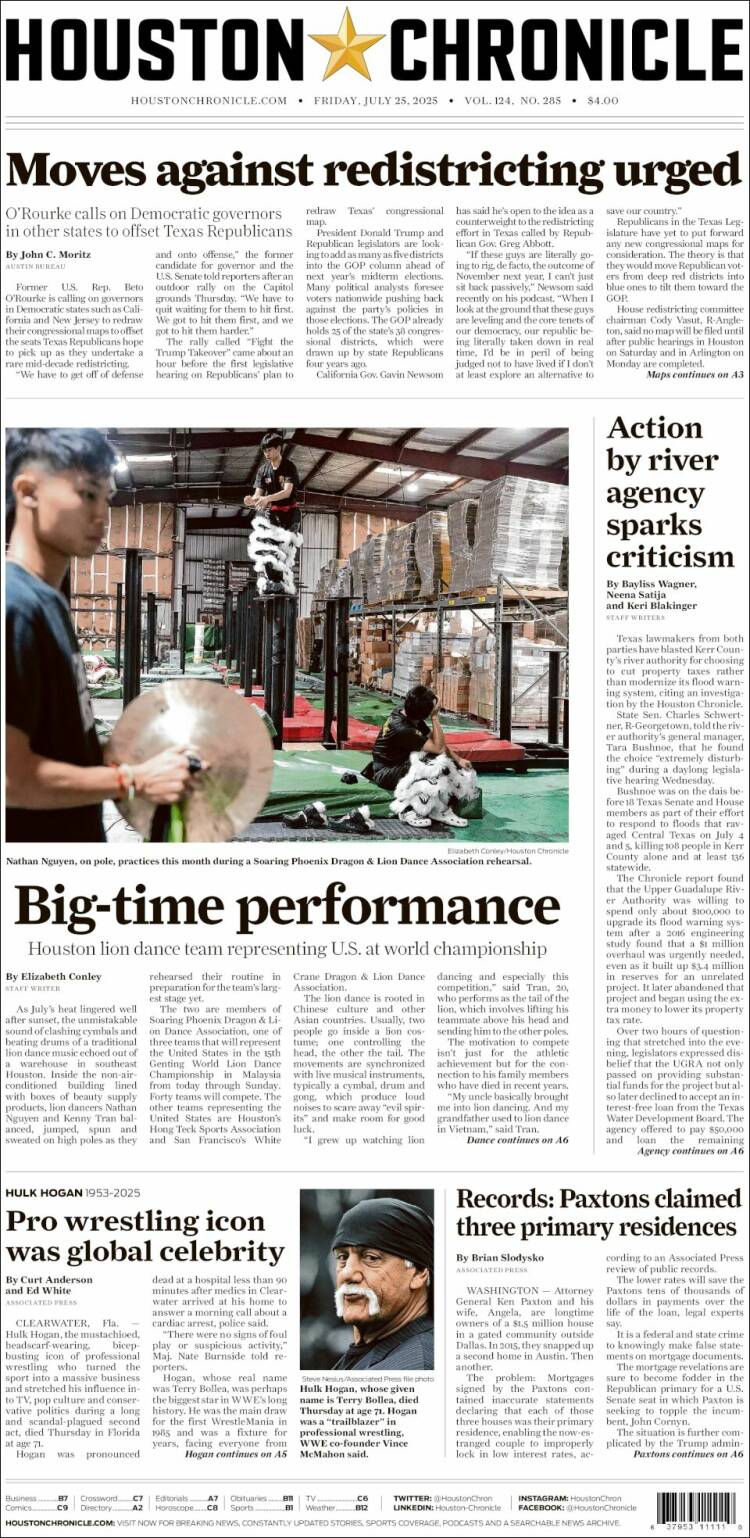 Portada de Houston Chronicle (USA)