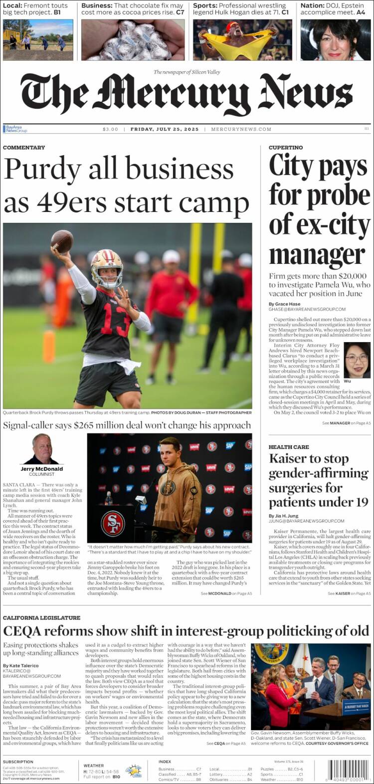 Portada de San Jose Mercury News (USA)
