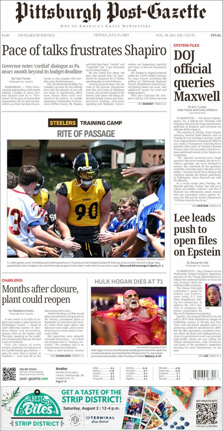 Portada de Pittsburgh Post-Gazette (USA)
