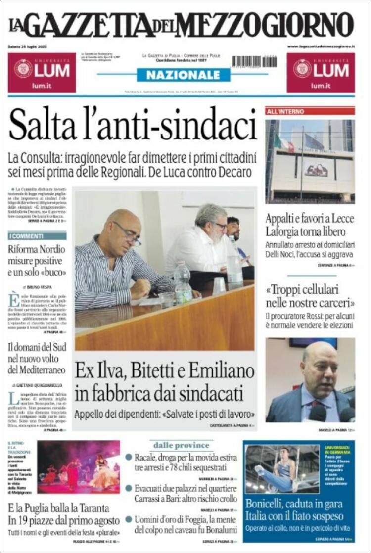 Portada de La Gazzetta del Mezzogiorno (Italy)