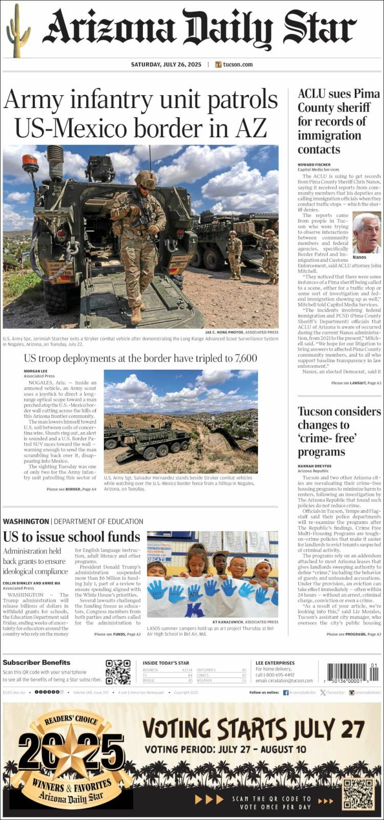 Portada de Arizona Daily Star (USA)