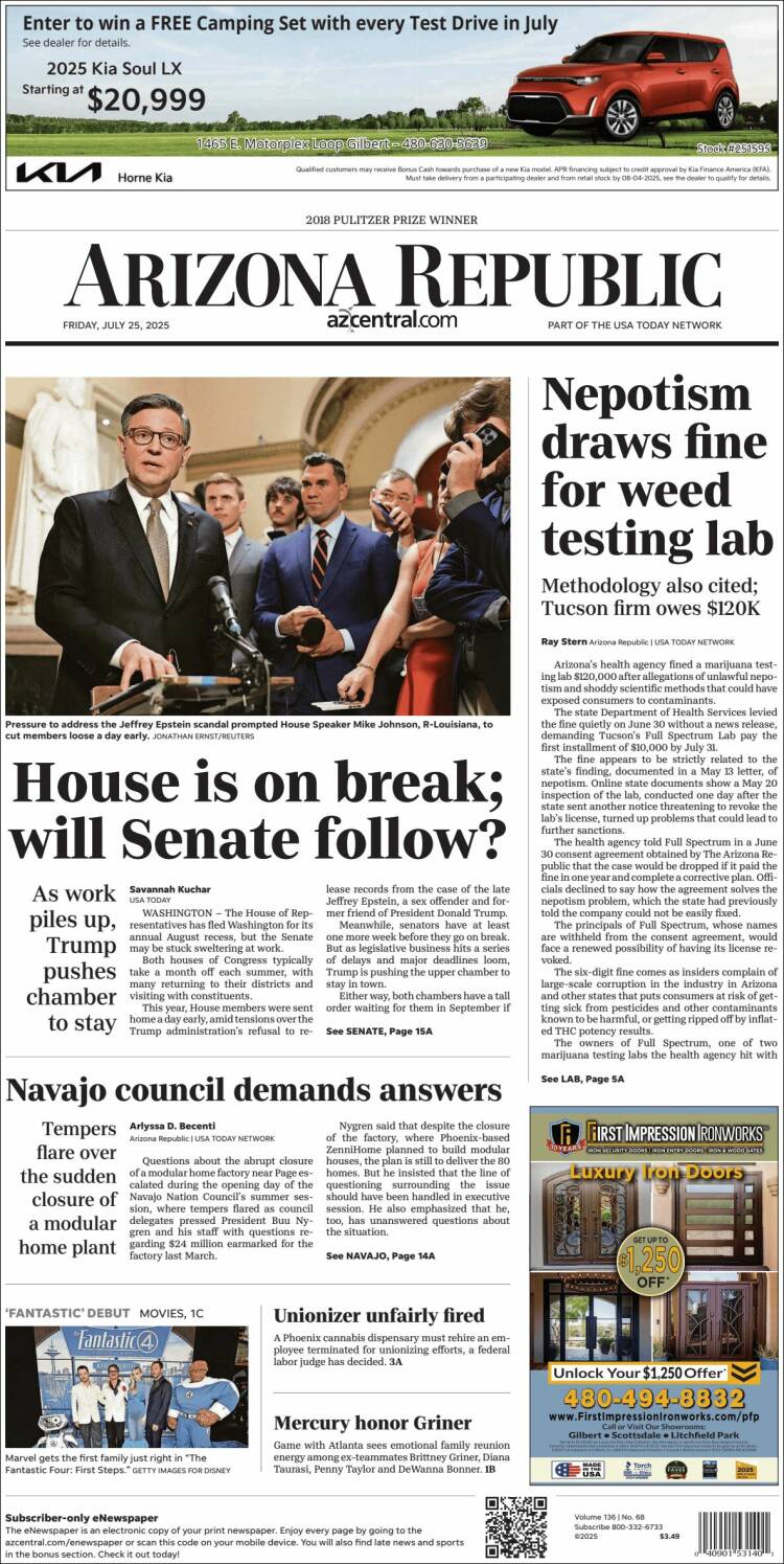 Portada de Arizona Republic News (USA)