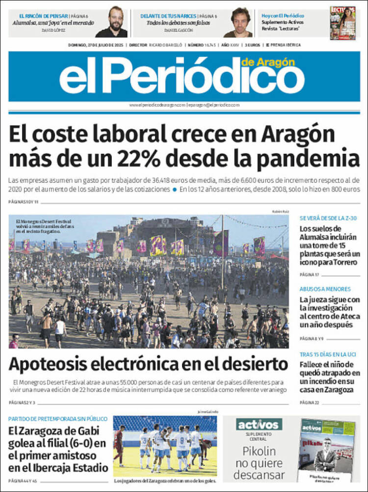 Portada de El Periódico de Aragón (Espagne)