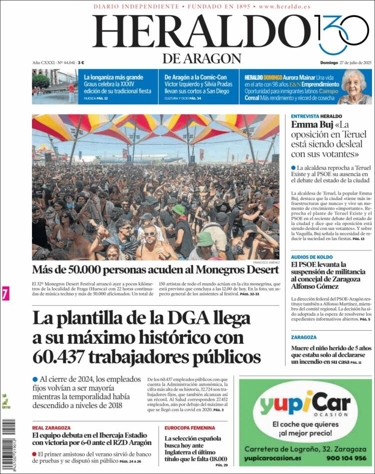 Portada de Heraldo de Aragón (España)