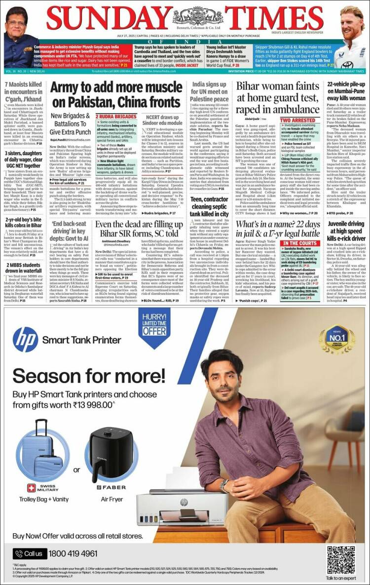 Portada de The Times of India (India)