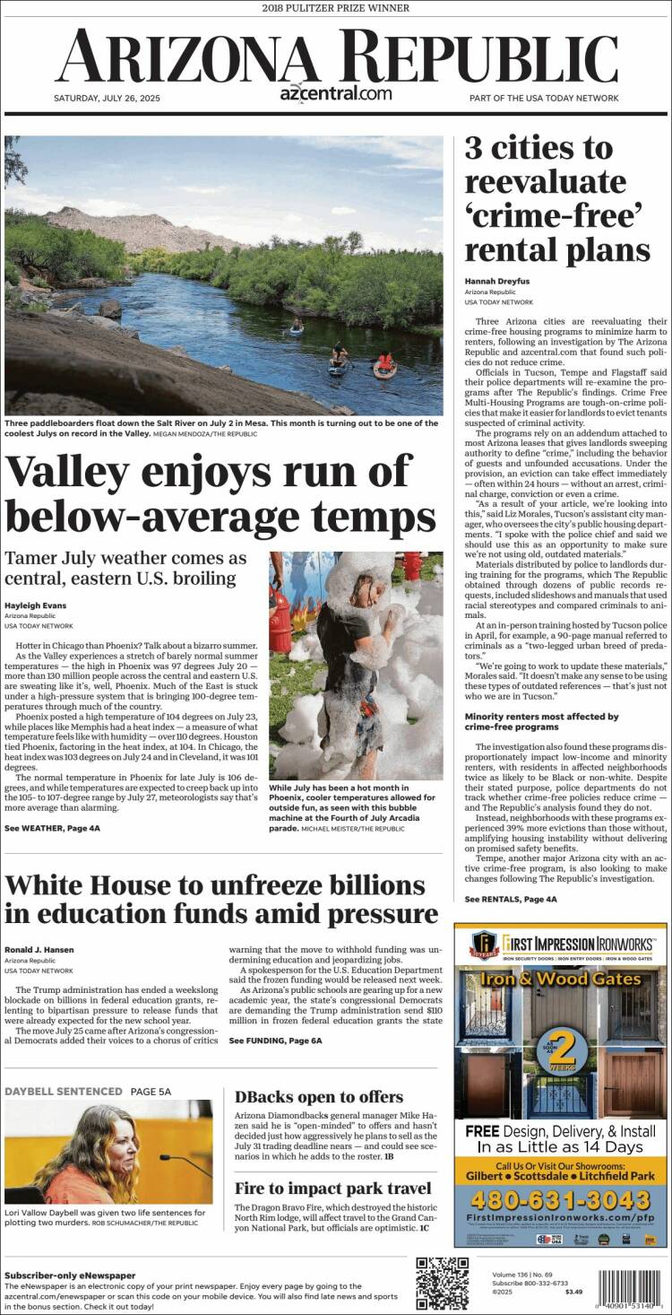 Portada de Arizona Republic News (USA)