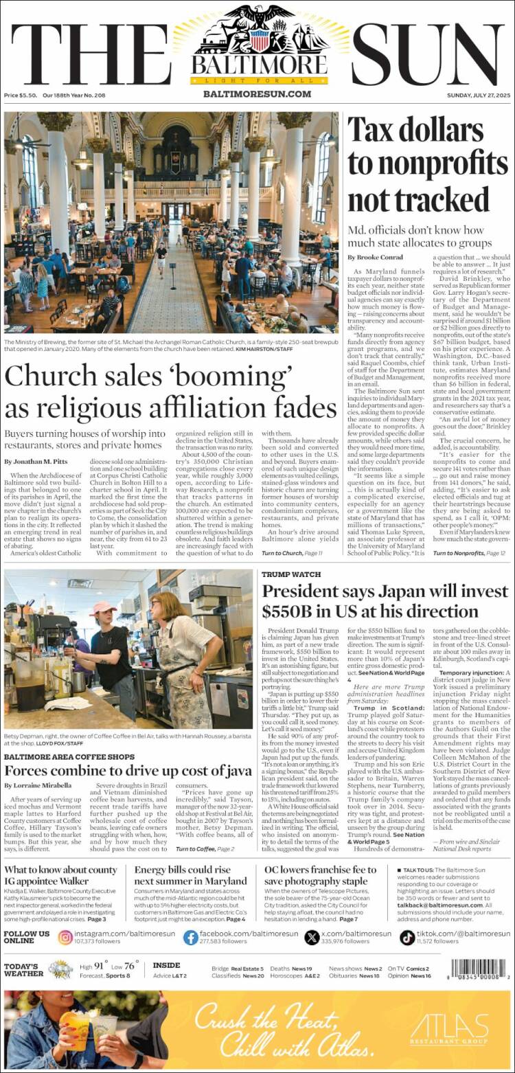 Portada de The Baltimore Sun (USA)