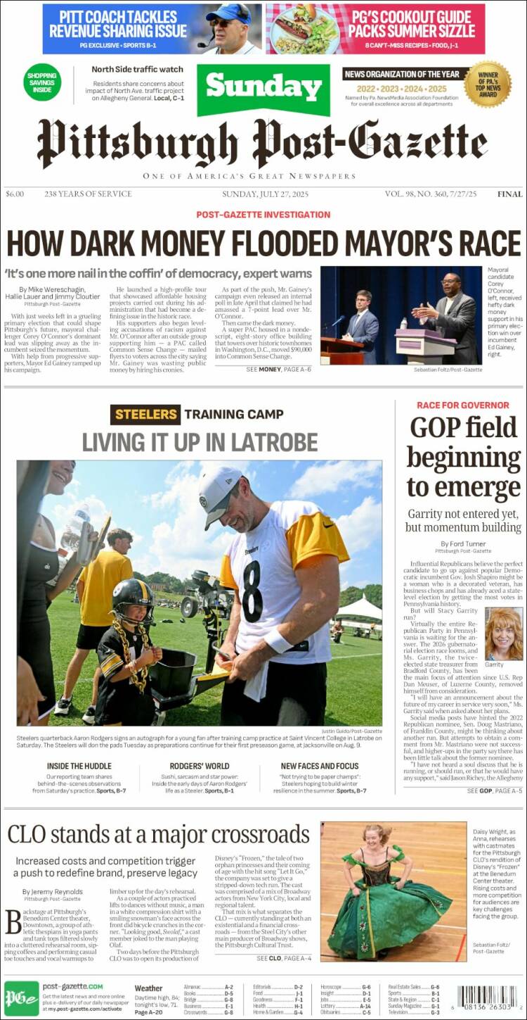 Portada de Pittsburgh Post-Gazette (USA)