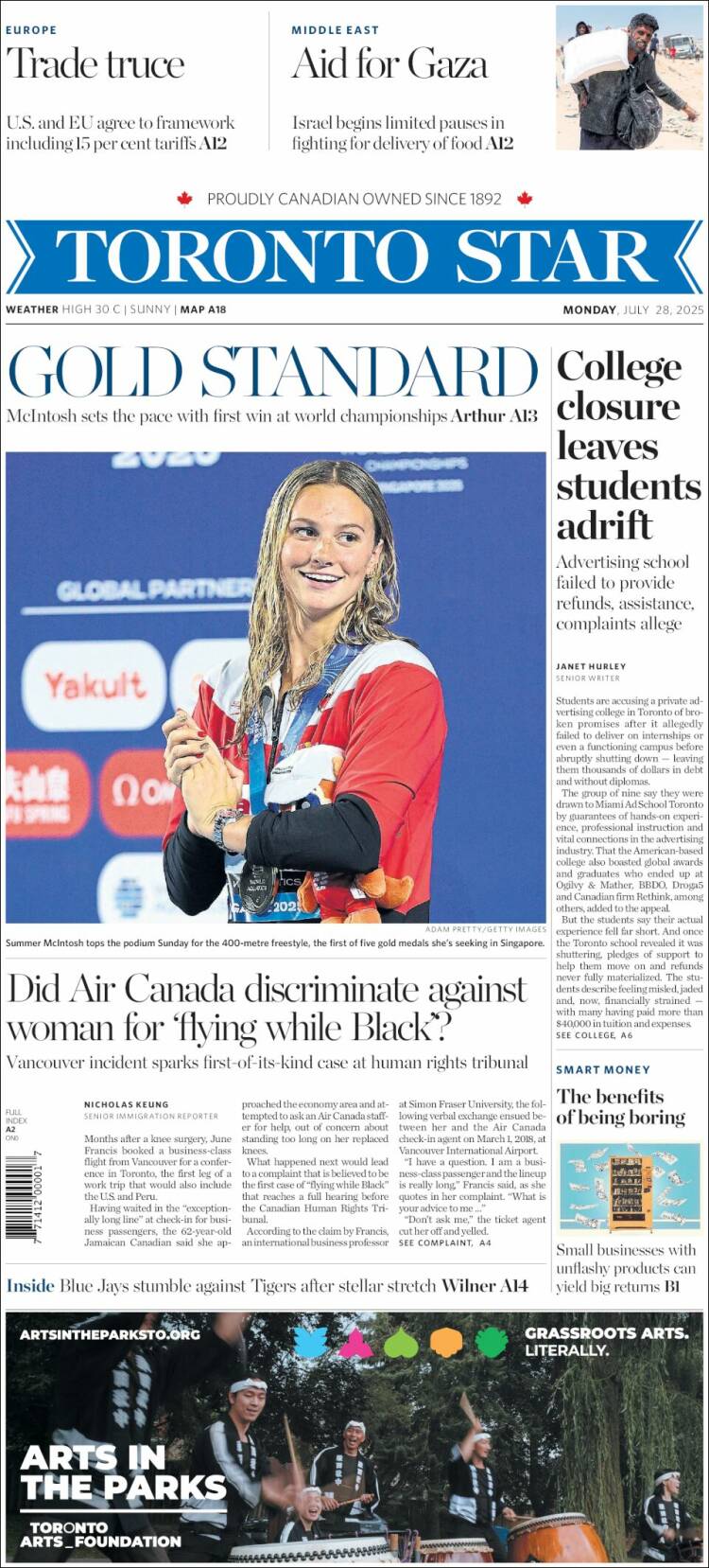 Portada de The Toronto Star (Canadá)