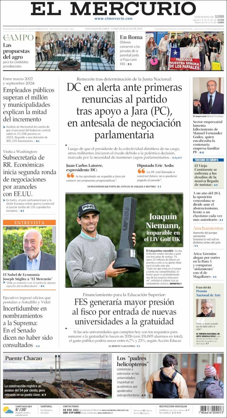 Portada de El Mercurio (Chili)