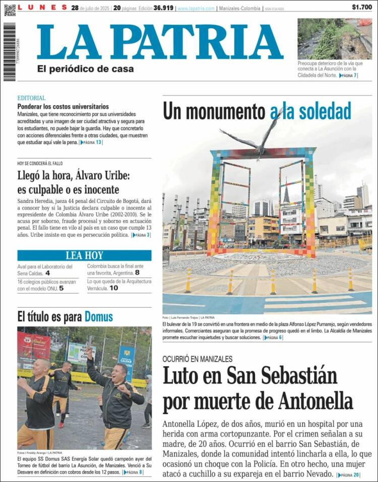 Portada de La Patria (Colombia)