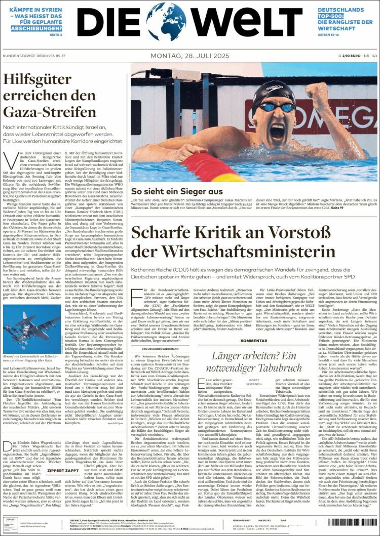 Portada de Die Welt (Alemania)