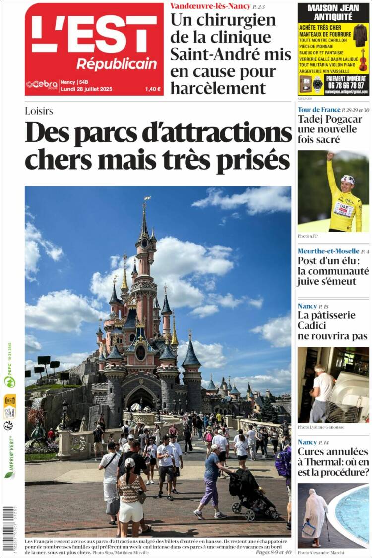 Portada de L'Est Republicain (Francia)