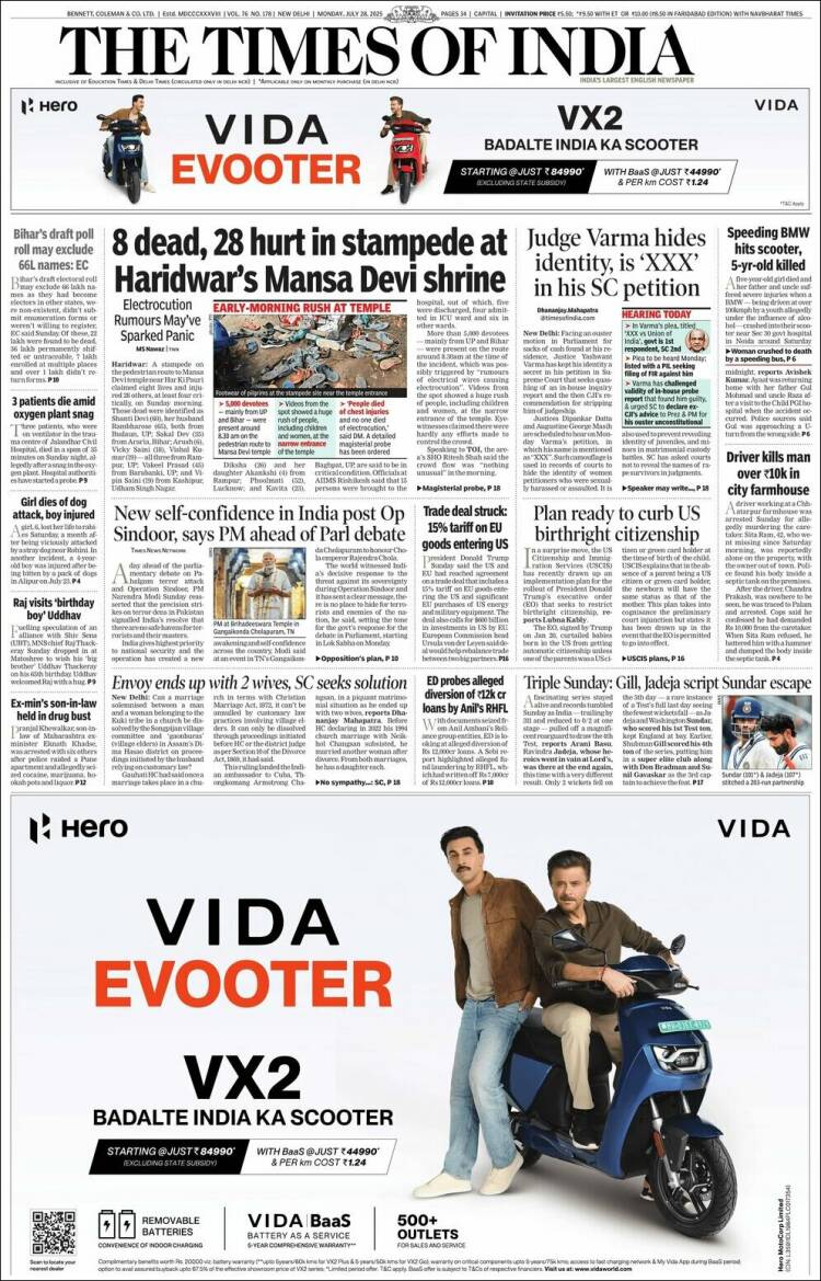 Portada de The Times of India (India)