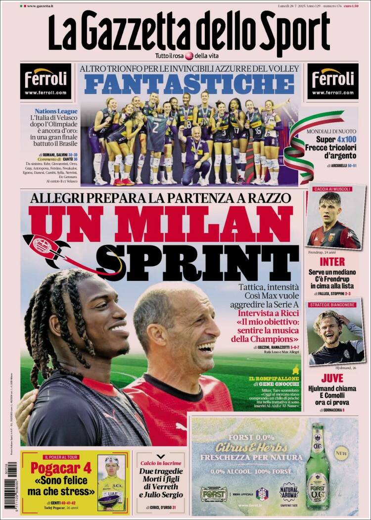 Portada de La Gazzetta dello Sport (Italie)