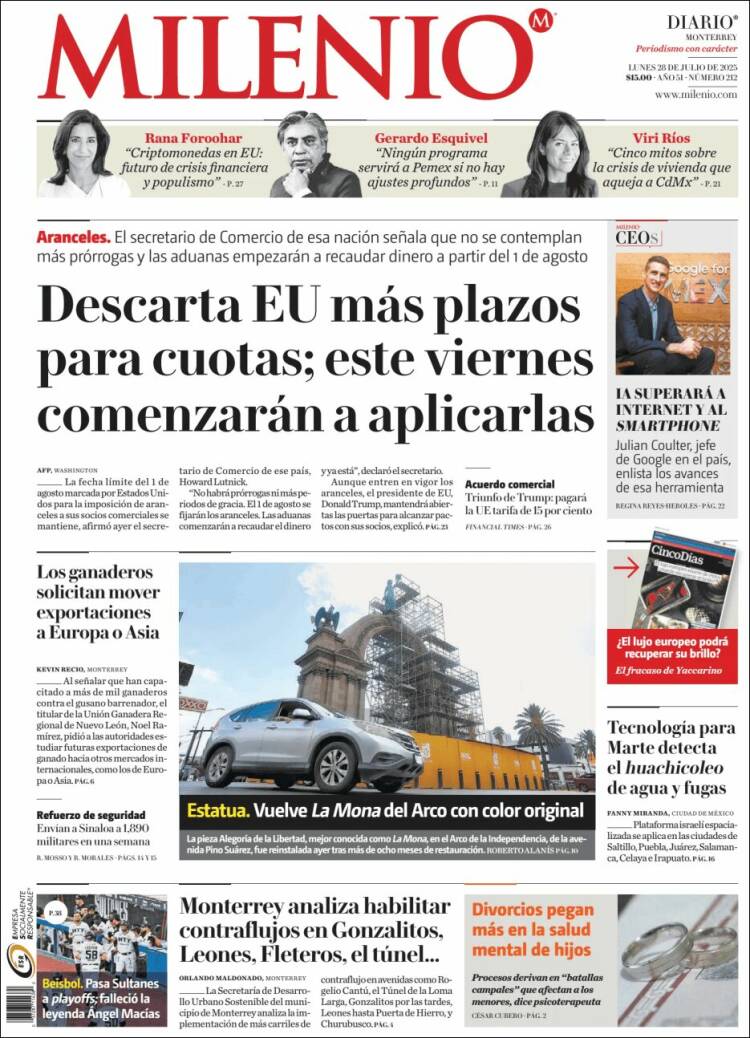 Portada de Milenio de Monterrey (México)