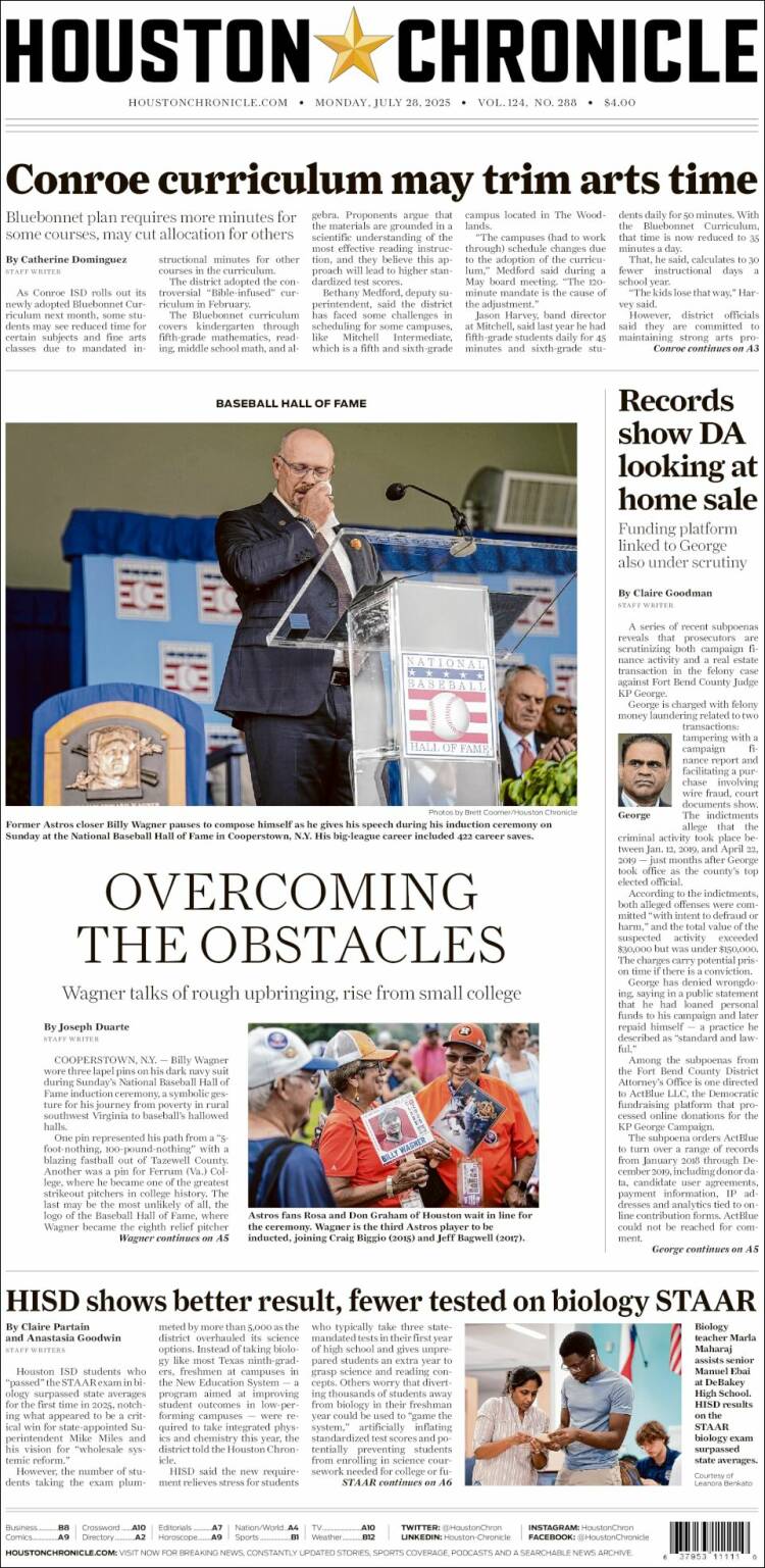 Portada de Houston Chronicle (USA)