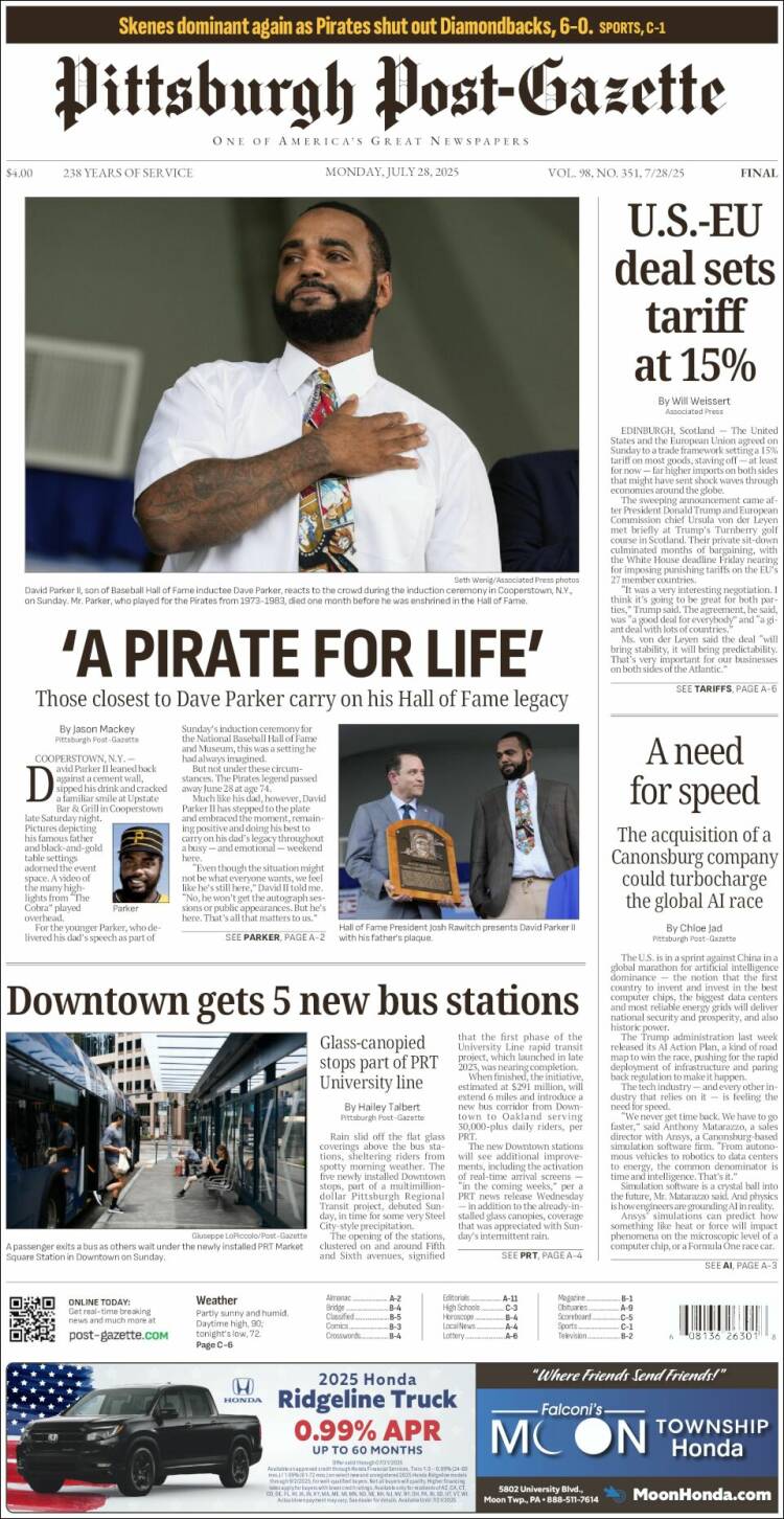 Portada de Pittsburgh Post-Gazette (USA)