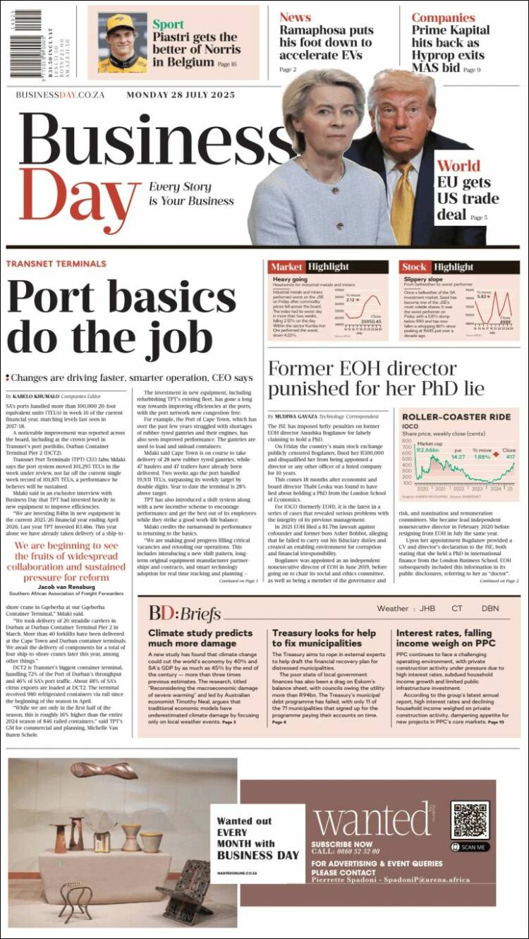 Portada de Business Day (Sudáfrica)
